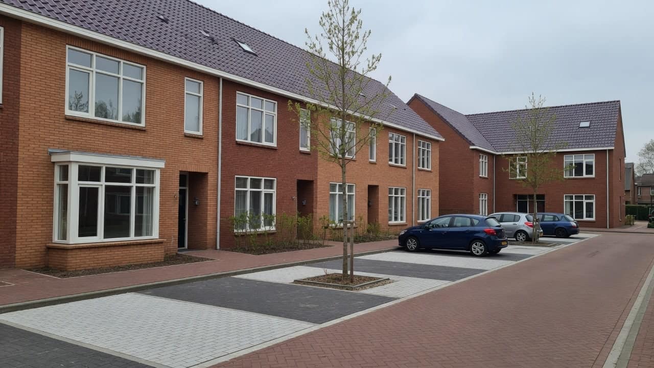 Recente nieuwbouwstraat met grote ramen, jonge bomen en brede parkeervakken