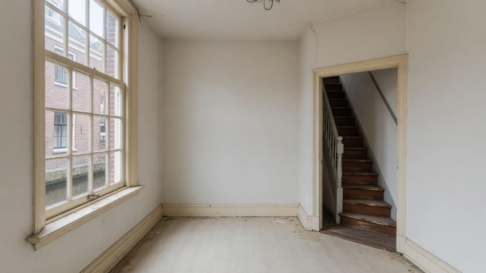 Lege bovenkamer met hoog smal raam en een steile trap door de deuropening