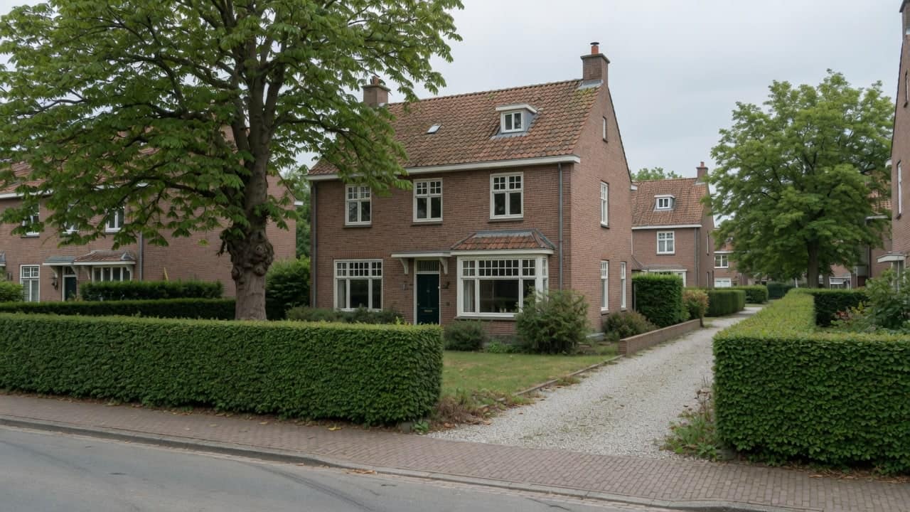 Vrijstaande bakstenen villa achter een haag met grindoprit en oude boom