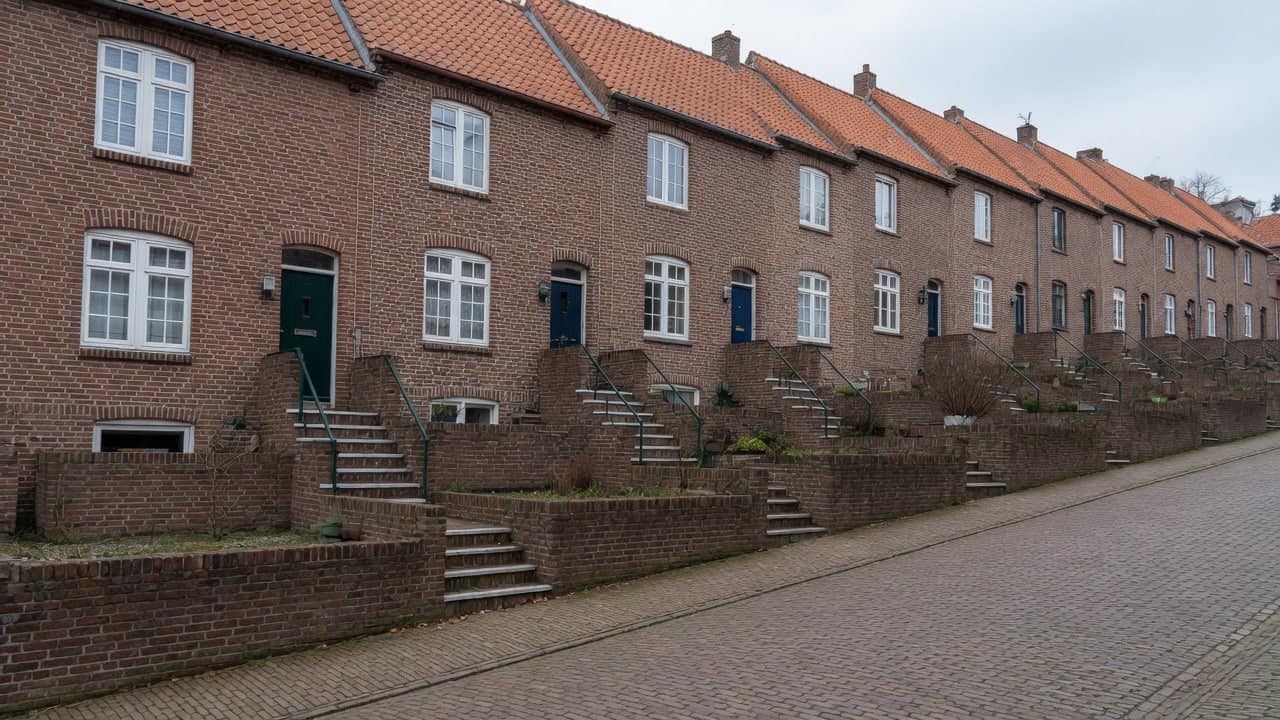 Bakstenen rij aan een duidelijk hellende straat met hoge stoepen