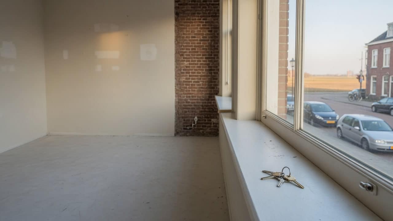 Leeggehaalde en bezemschone kamer met kale ondervloer en een sleutelbos op de vensterbank