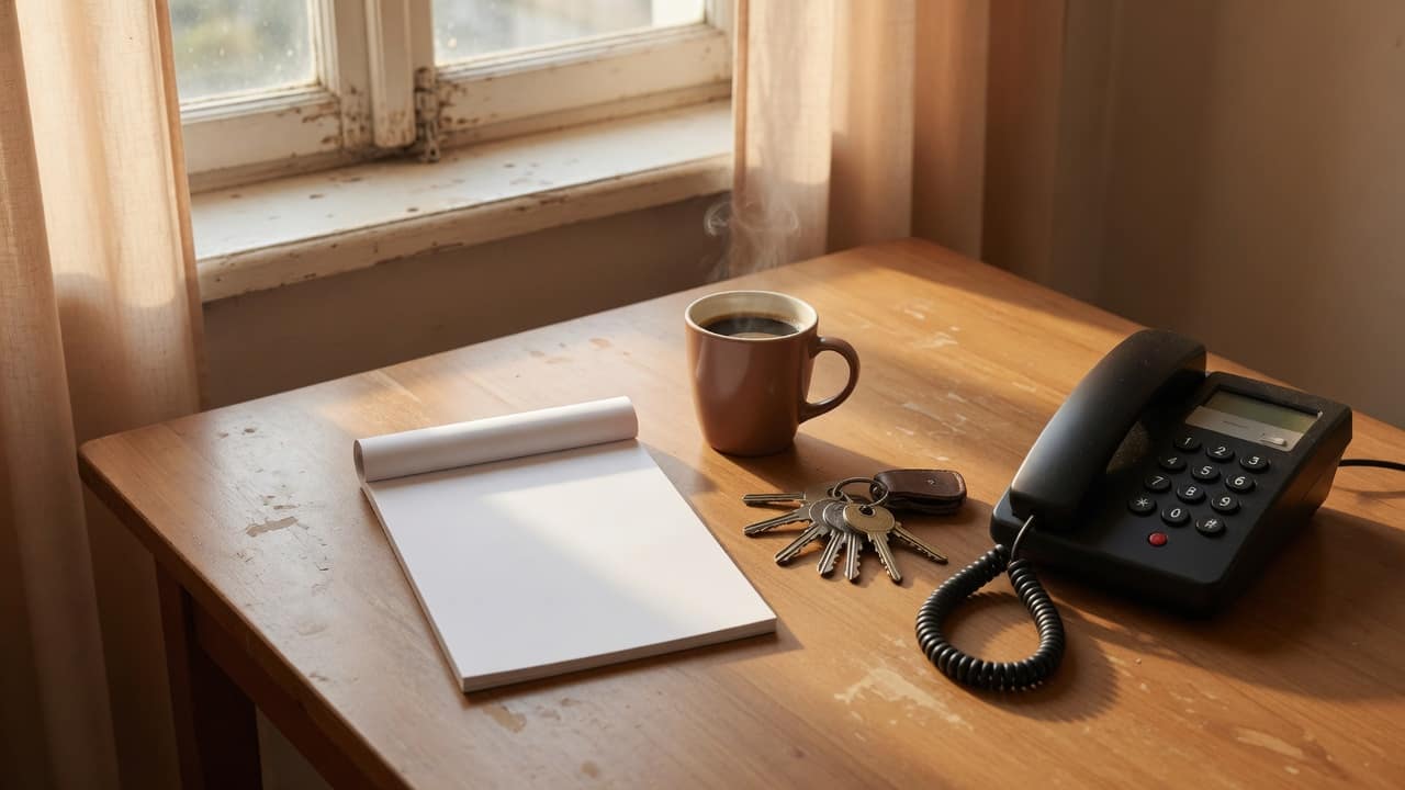 Houten tafel bij een raam met een telefoon, een leeg notitieblok, een mok koffie en een sleutelbos