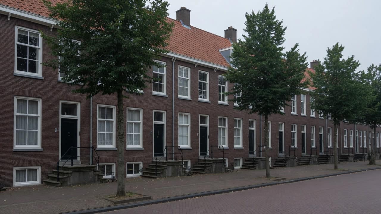 Rij statige herenhuizen met hoge ramen en stoeptreden naar de voordeur