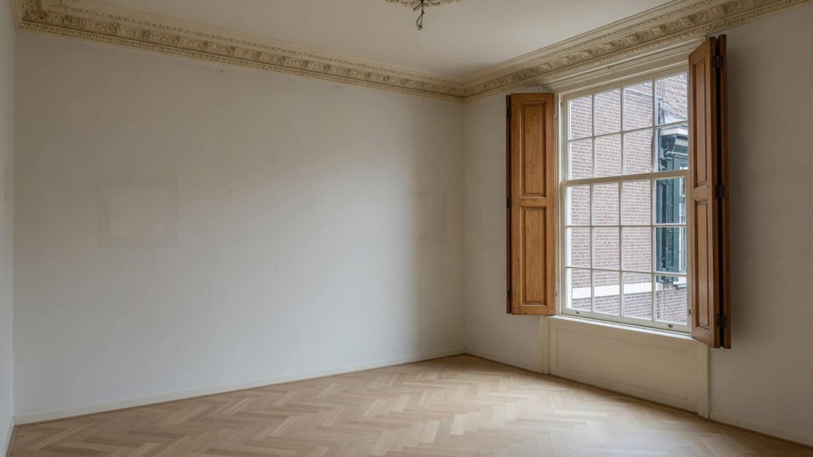 Lege kamer met hoog plafond, kroonlijst en houten luiken aan het raam