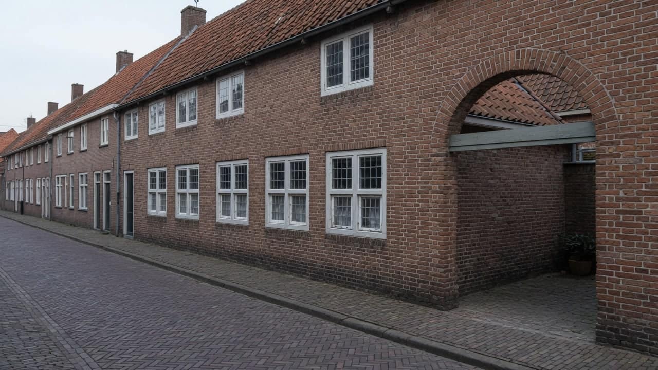 Smalle oude bakstenen straat met roedenramen en een poort naar een hofje
