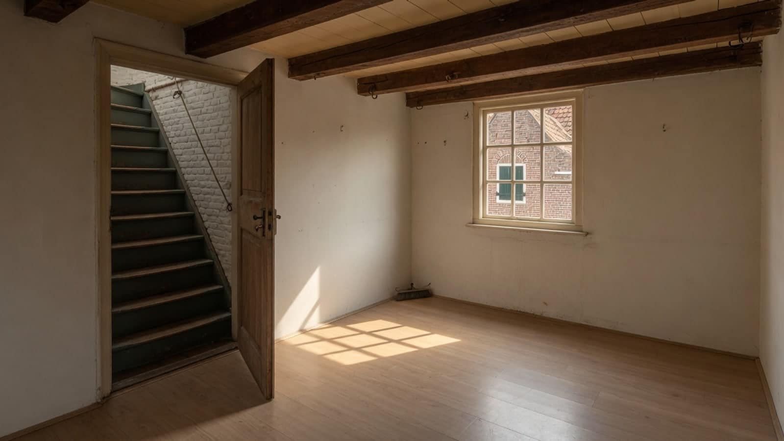 Lege bovenkamer met roedenramen en balkenzoldering, in warm licht