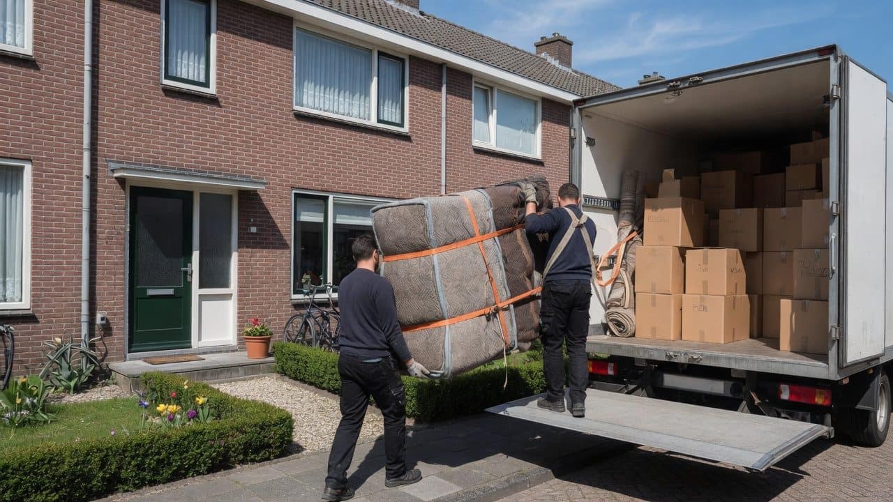 Twee verhuizers dragen een in dekens gewikkelde kast naar een witte bakwagen voor een Nederlandse rijtjeswoning