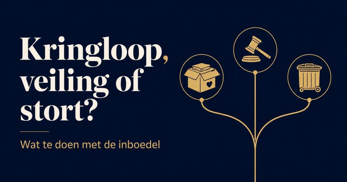 Beslisboom inboedel: drie gouden iconen voor kringloopdoos, veilinghamer en afvalcontainer op donkere achtergrond