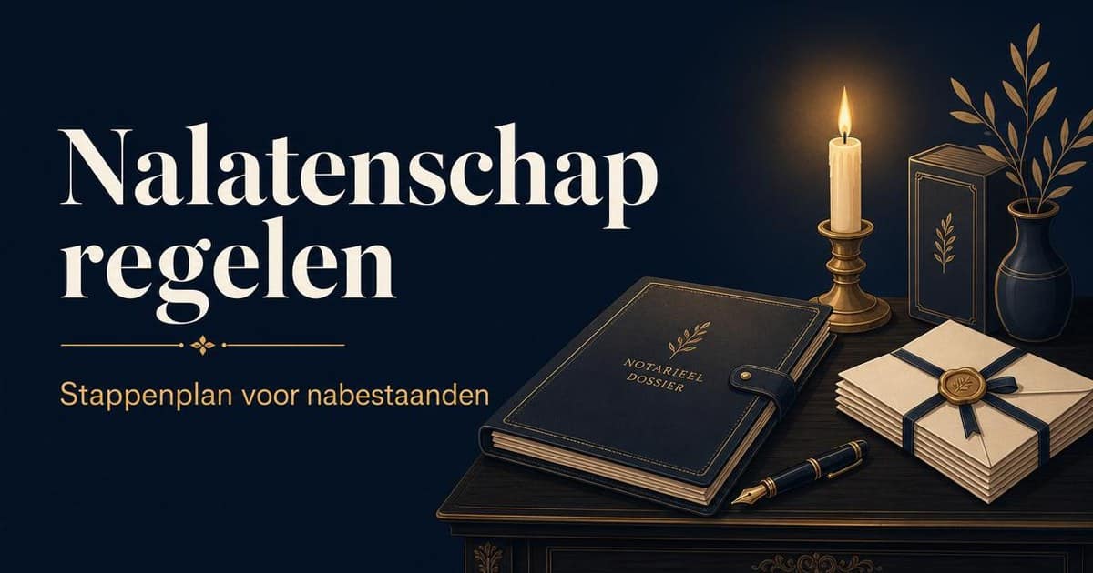 Nalatenschap regelen: notarieel dossier met kaars, ganzenveer en verzegelde envelop op donker eiken bureau