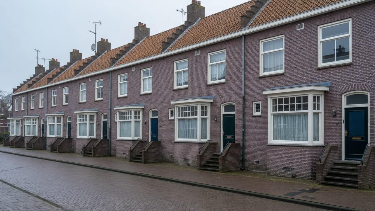 Jaren-30 rijtjeshuizen aan een licht hellende straat met stoeptreden