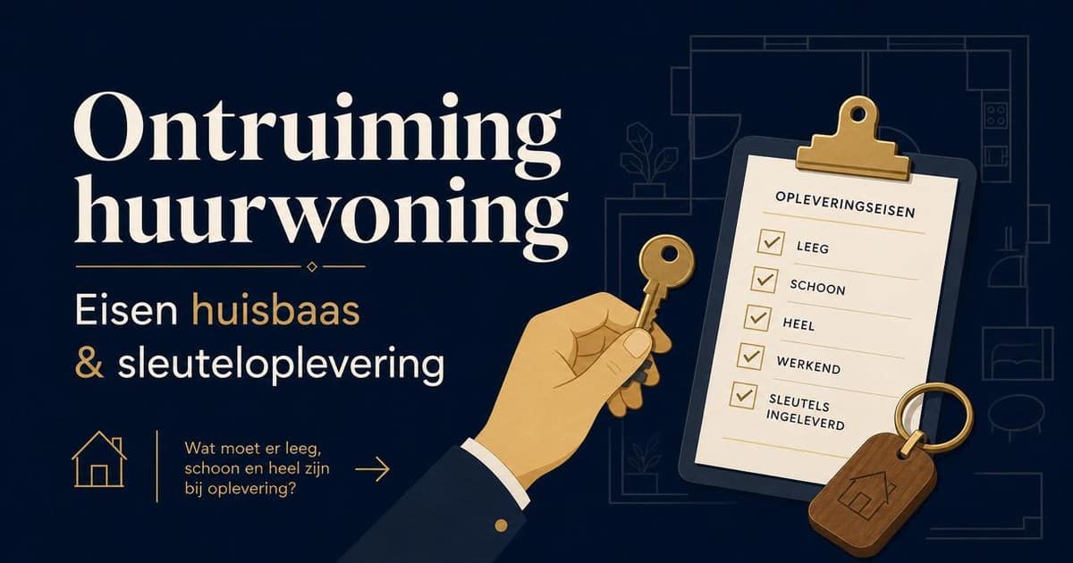 Ontruiming huurwoning 2026: hand met sleutel naast klembord met opleveringseisen leeg, schoon en heel