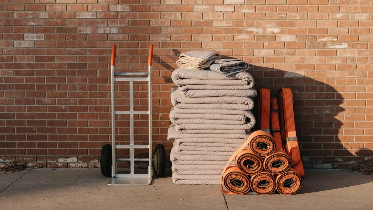 Steekwagen, opgevouwen verhuisdekens en opgerolde spanbanden tegen een bakstenen muur