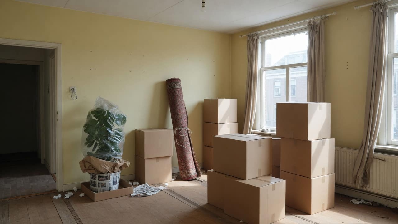 Lege woonkamer met gestapelde verhuisdozen, een opgerold vloerkleed en een in plastic verpakte kamerplant