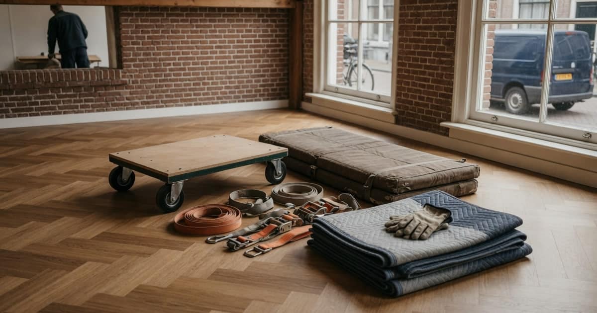 Illustratie van pianogereedschap klaargelegd op een visgraatparketvloer: een lage rijplaat op wielen, opgevouwen verhuisdekens, opgerolde spanbanden en werkhandschoenen