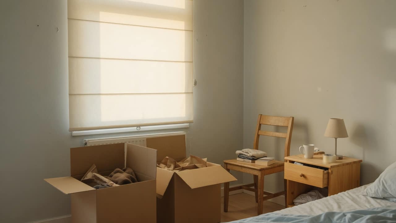 Rustige slaapkamer met half ingepakte verhuisdozen bij het raam