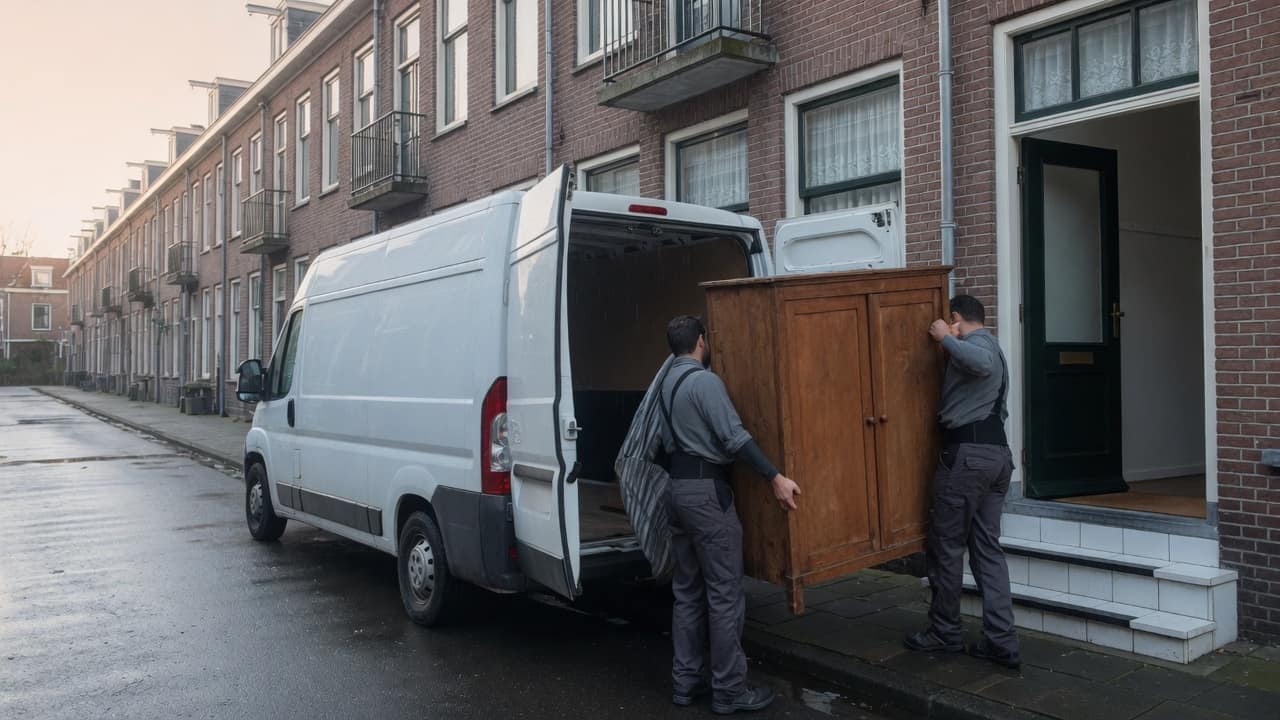 Twee verhuizers dragen een kast naar een bestelbus voor een Nederlandse portiekwoning
