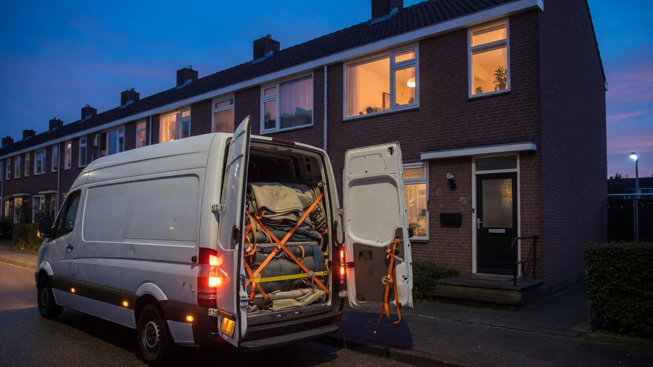 Witte bestelbus met open achterdeuren, geladen met verhuisdekens onder oranje spanbanden, bij schemer voor een rijtjeshuis