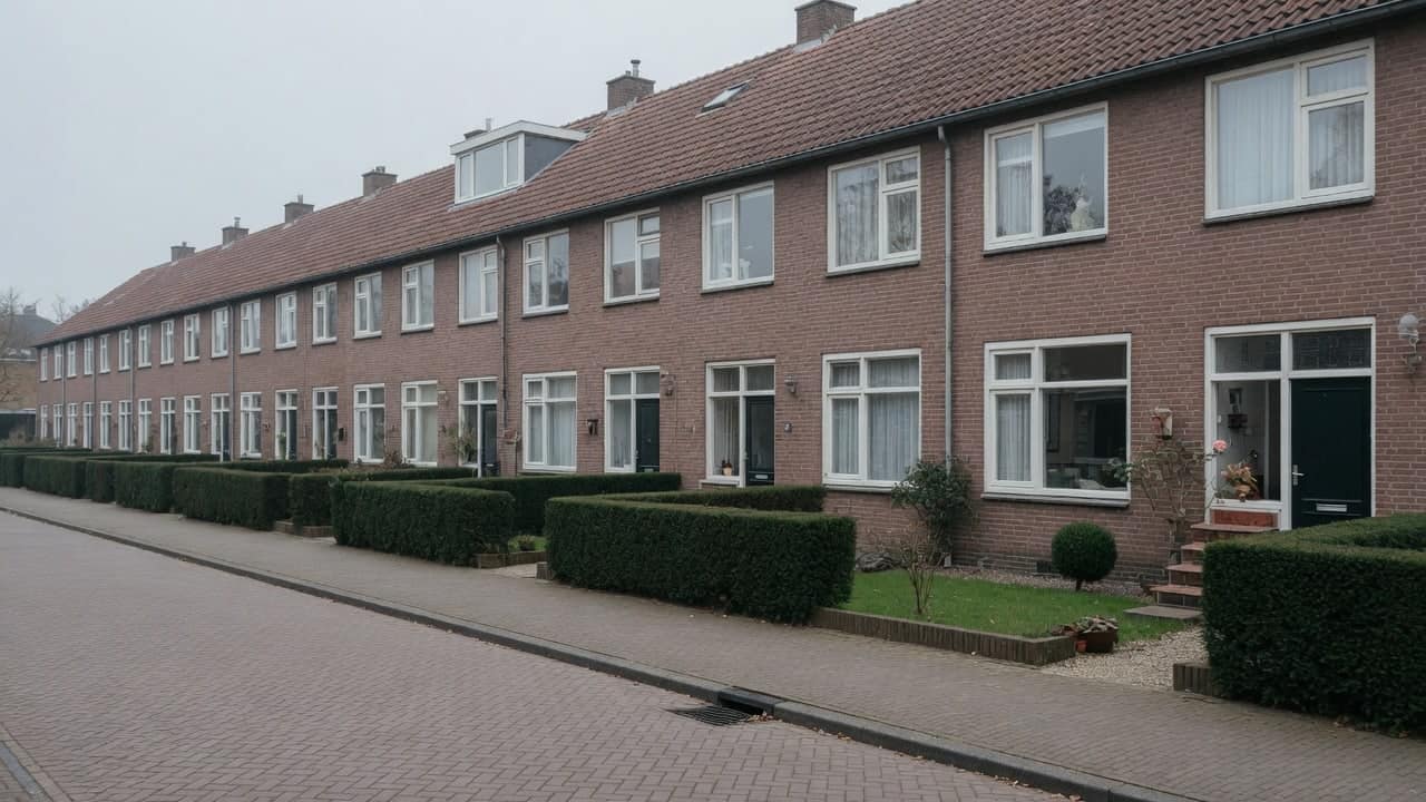 Rustige straat met bakstenen rijtjeshuizen, voortuintjes en lage hagen
