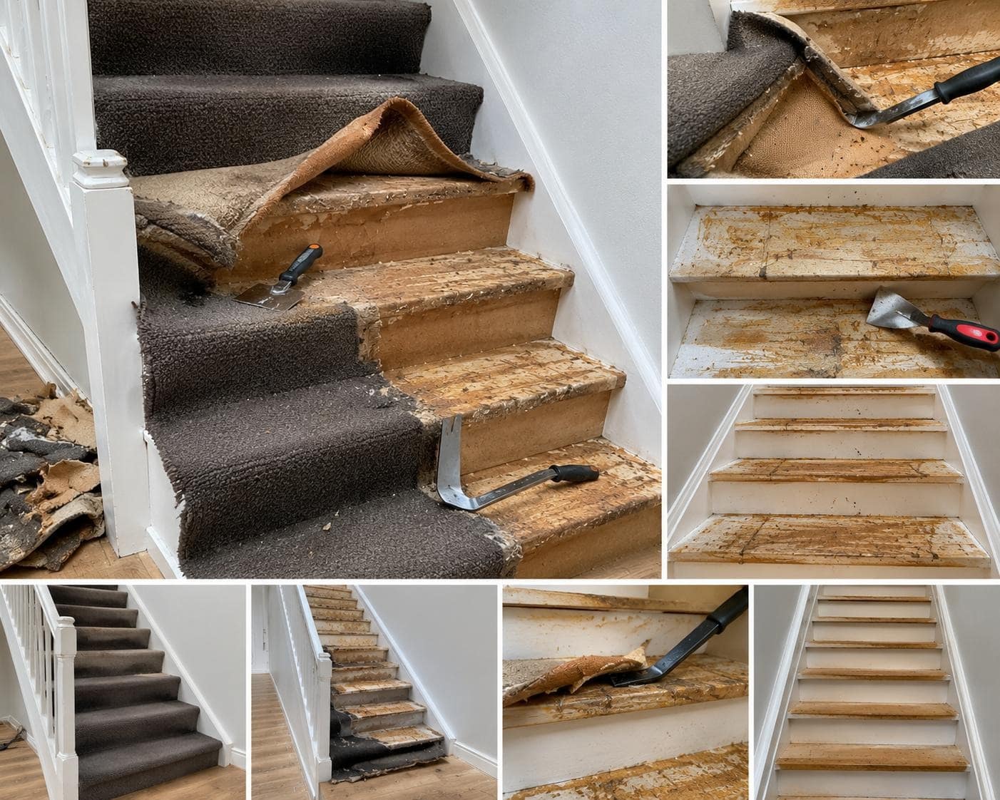Trap waarvan het vastgelijmde en gespijkerde tapijt in stappen wordt verwijderd, van dichte trap tot kale houten treden met lijm- en spijkerresten