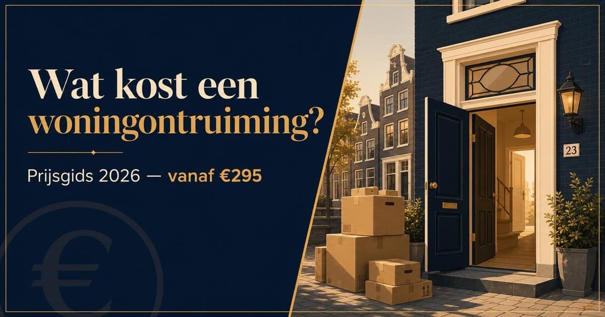 Prijsgids woningontruiming 2026: Nederlands grachtenpand met open voordeur en verhuisdozen, tarieven vanaf 295 euro