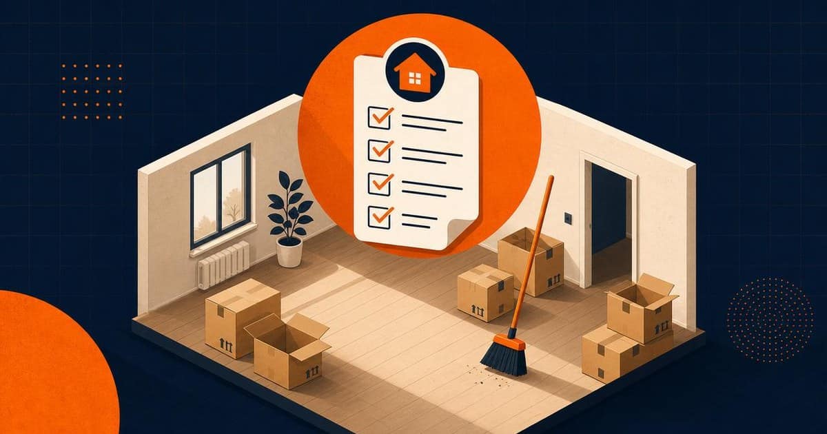 Illustratie van een kamer met open verhuisdozen, een bezem en een groot klembord met vier afgevinkte punten